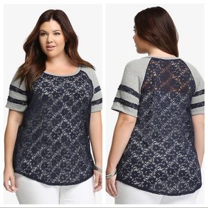 TORRID Plus Blue Grey Raglan Lace Baseball Tee